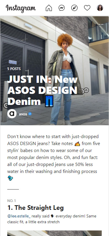 Clothing guide in an Instagram profile of a fashion brand