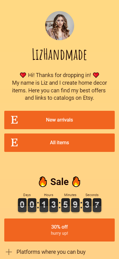 Instagram link in bio page with multiple Etsy links made on Taplink
