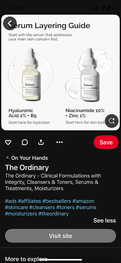 Affiliate marketer’s Pinterest post comparing two products with an image, text, hashtags, and a site button