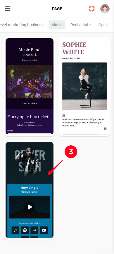 Selecting a Taplink template in the Music category