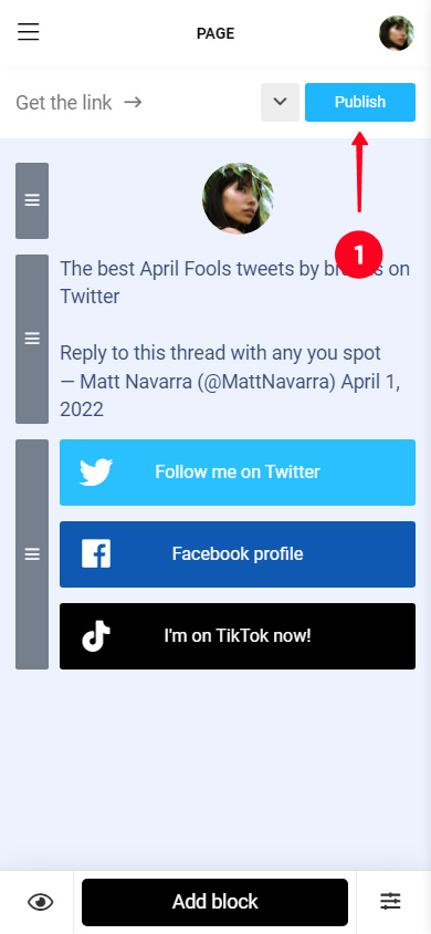 Tapping the forward arrow in the Taplink editor to open the publishing menu