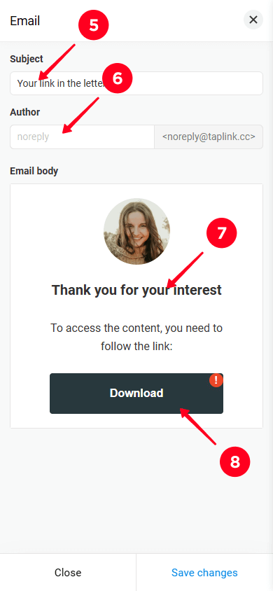 Entering the subject, author, email text and tapping the button on the post-submission email customization page