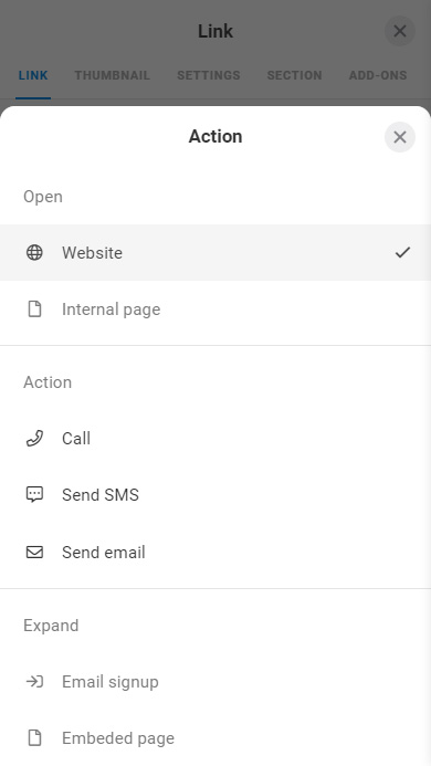 The list of actions that a link on a Taplink page can initiate