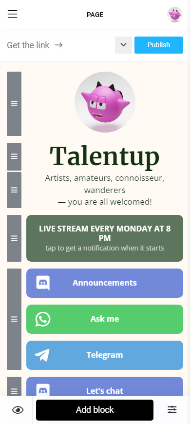 Discord, messaging app and website page links on a Taplink page in the editor