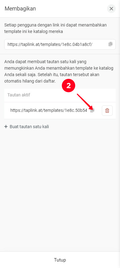 Mengetuk ikon salin di dekat tautan templat satu kali