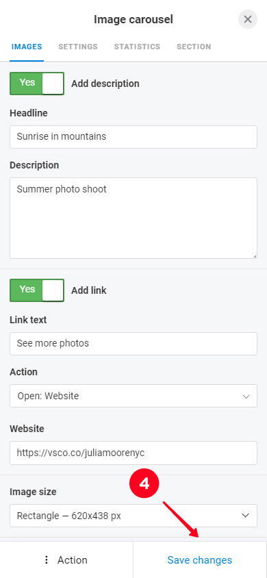 Saving changes in the Image carousel setting