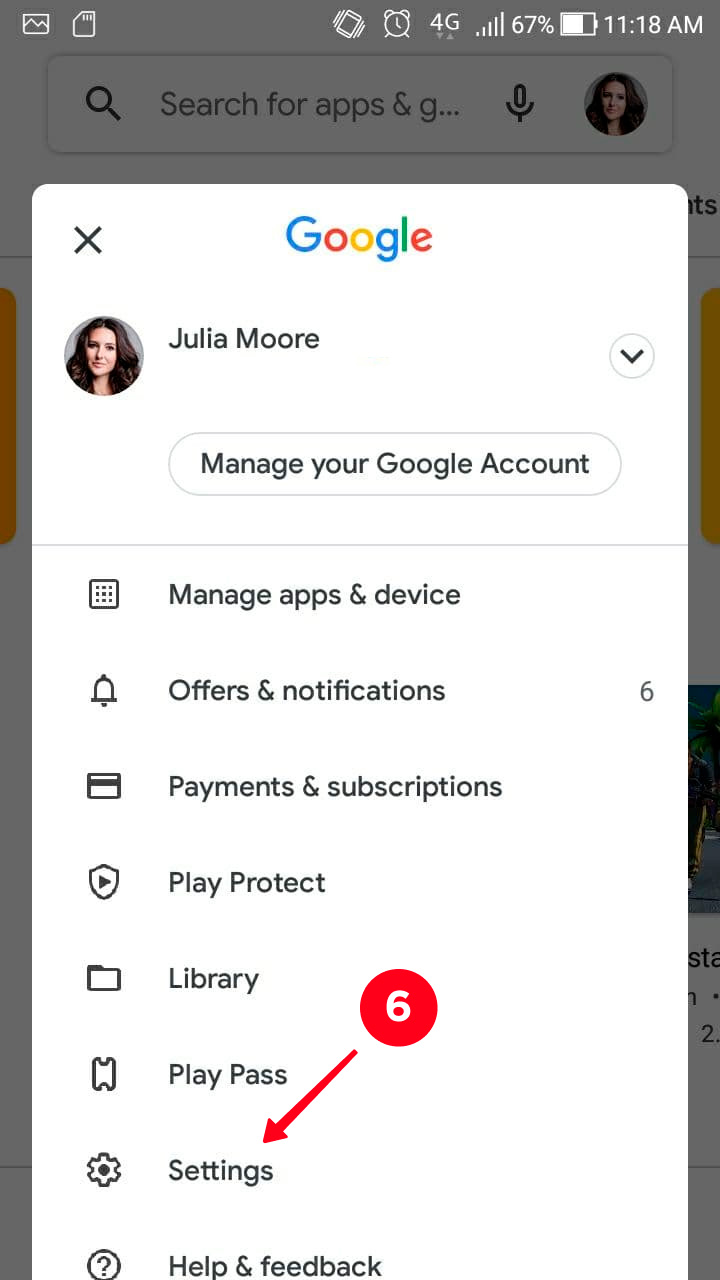 Choosing Settings in the Google Play settings