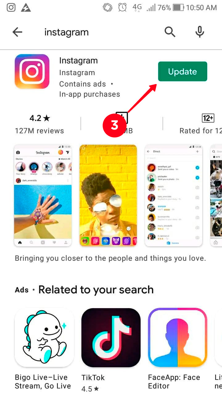 Tapping Update on the Instagram app page in the Google Play
