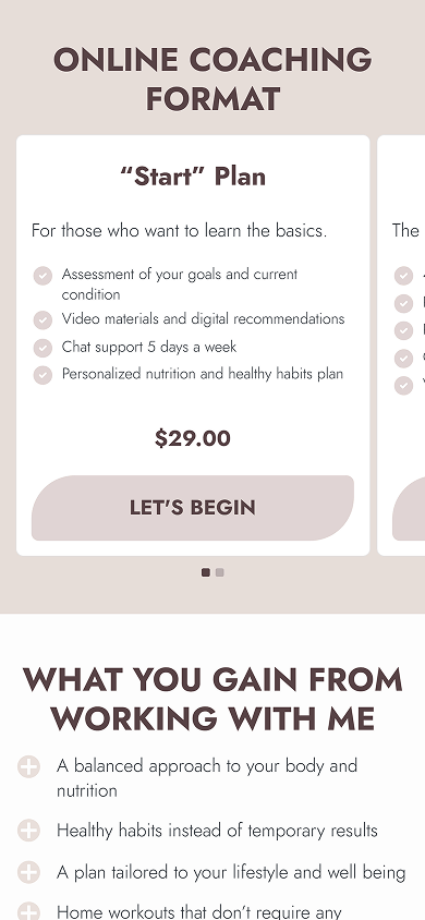 Middle of a yoga coach’s page featuring coaching plans