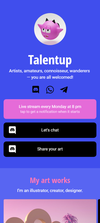 Digital artist's Instagram link in bio page with Discord links