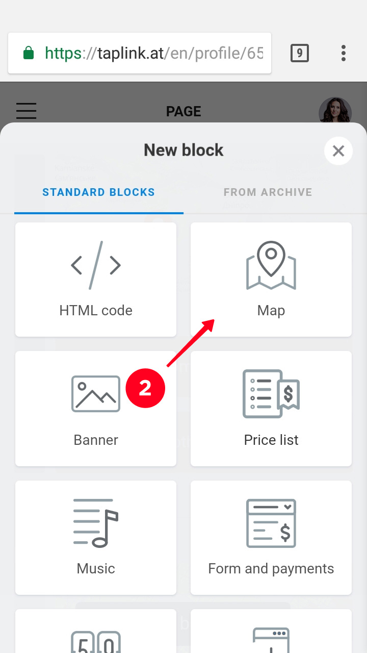 Elegir 'Mapa' en la lista de bloques de Taplink