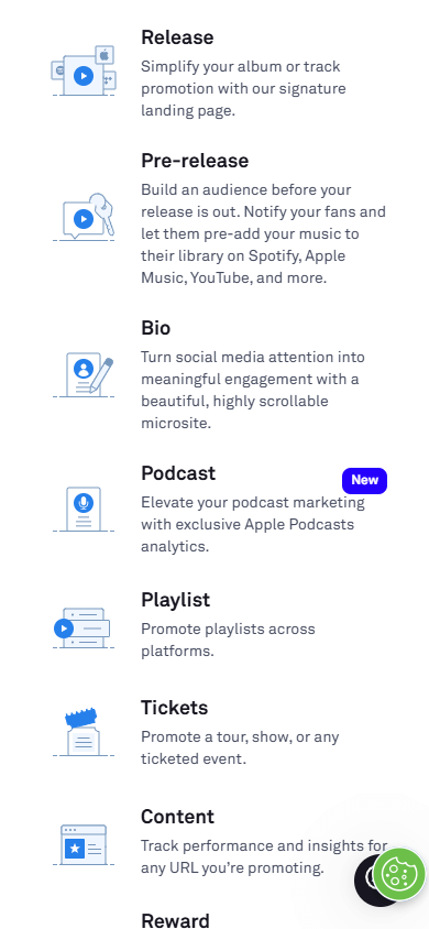 Types of link in bio pages available in Linkfire
