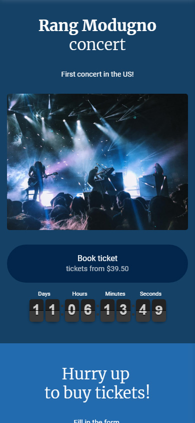 Music band's page on Taplink with a photo, ticket booking button and a timer
