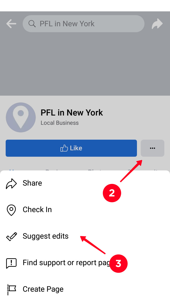 Abriendo el menú de sugerencias de edición en el menú de ubicación personalizada en Facebook