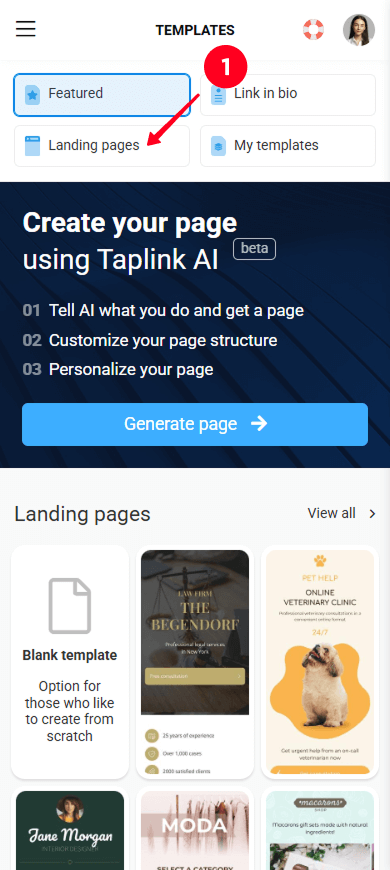 Selecting the Landing pages tab in the Taplink digital business card template library