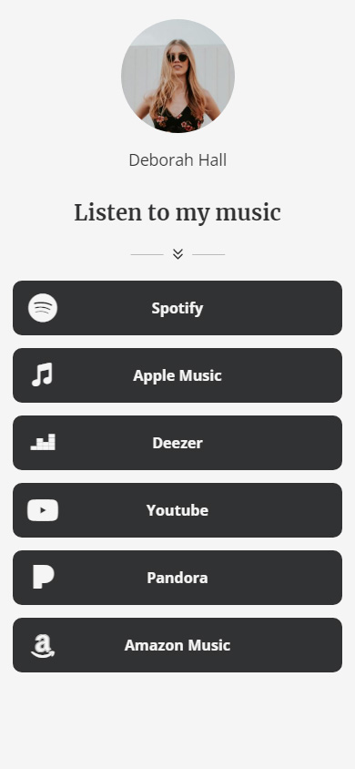 Musician's page with a list of her profiles on streaming platforms