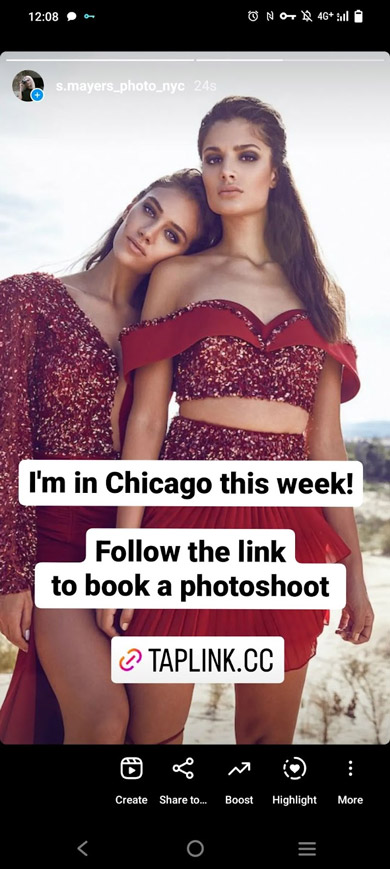 Instagram story inviting to tap the link sticker and book a photo session