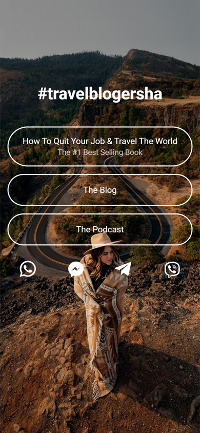 Travel blogger’s Taplink page with book, blog, podcast, and social profile links