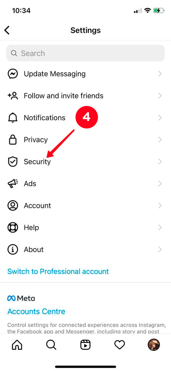 Choosing Security in the Instagram app settings