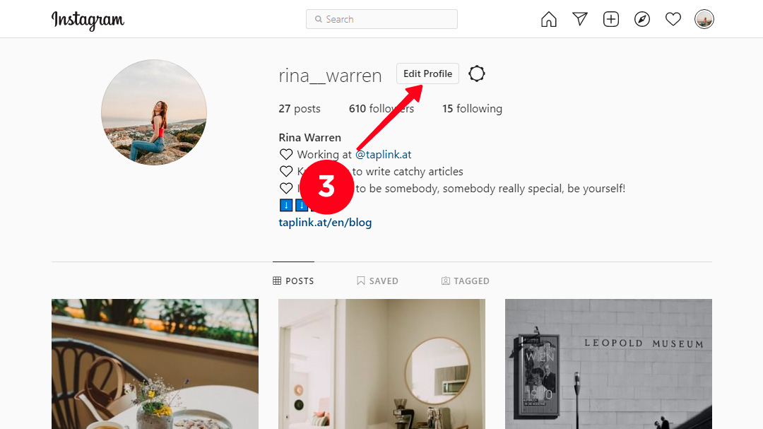 Clicking Edit Profile on the Instagram profile page