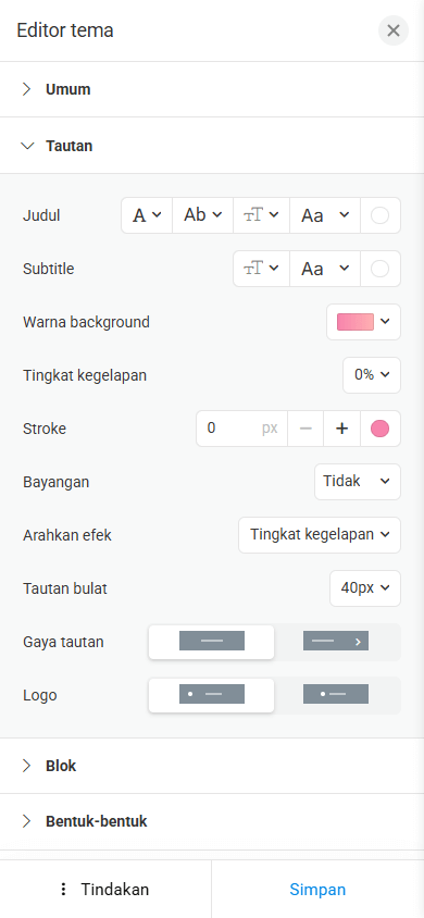 Editor untuk mengubah desain halaman Linktree