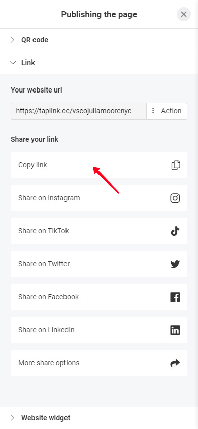 Copying the page link in the Taplink publishing menu