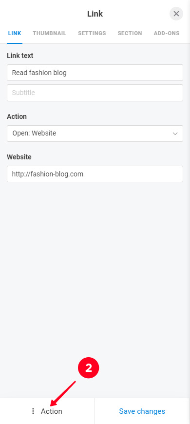 Tapping Action in the Link block settings