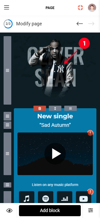 Tapping the hero image in the Taplink music website builder