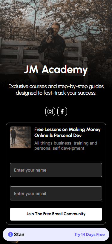 Página de link na bio da JM Academy no Stan