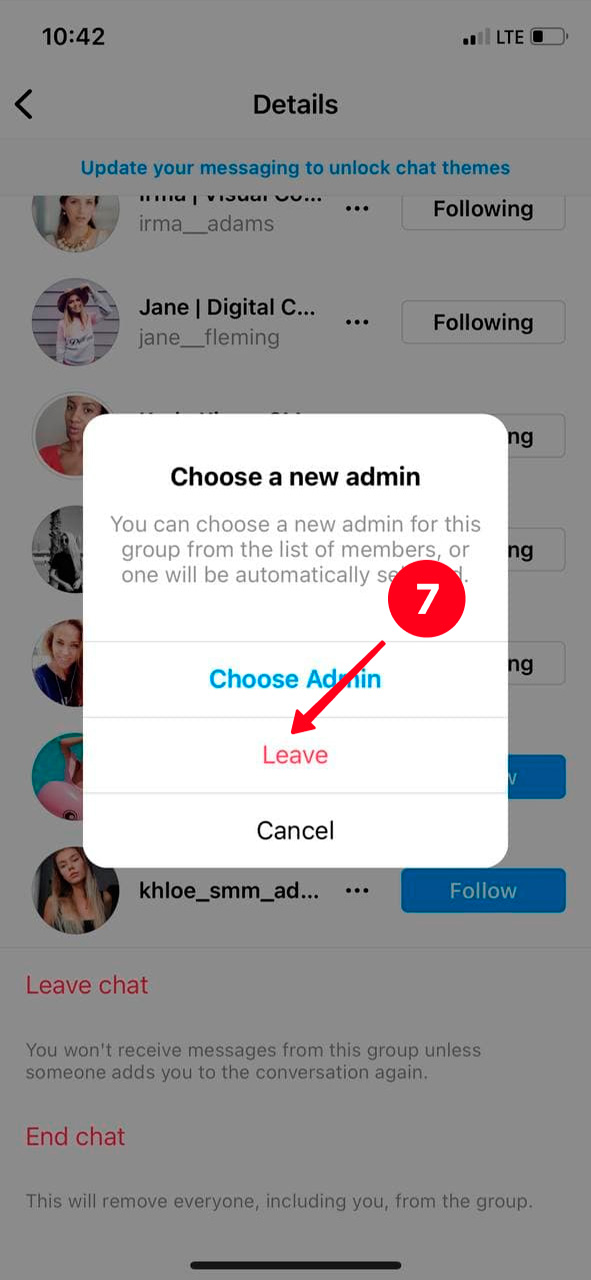 Confirming leaving the group chat on Instagram
