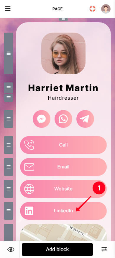 Tapping a Social networks block in the Taplink editor
