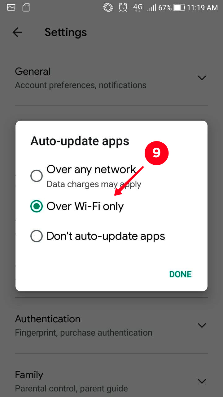 Selecting Over Wi-Fi only in the Auto-updating settings