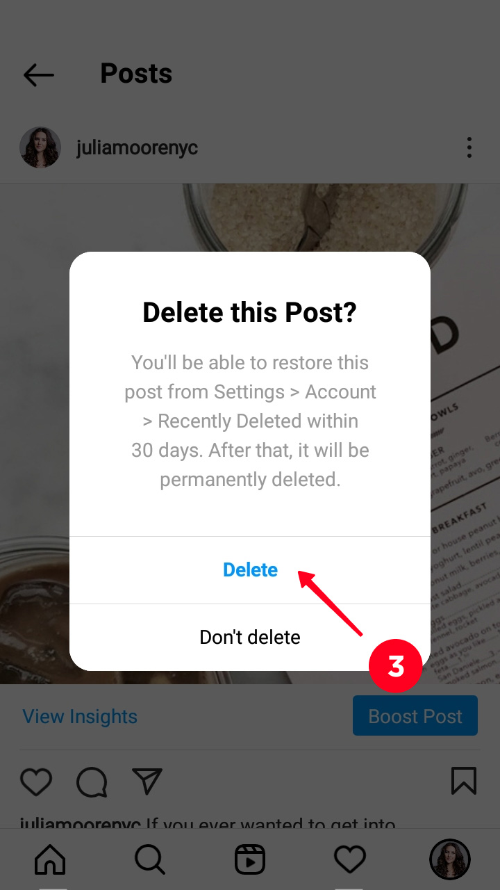 Confirming the Instagram post deletion