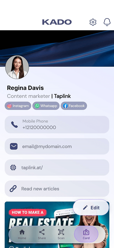 Digital business card preview in Kado