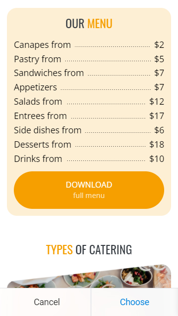 Un listino prezzi su un sito web di catering realizzato con Taplink