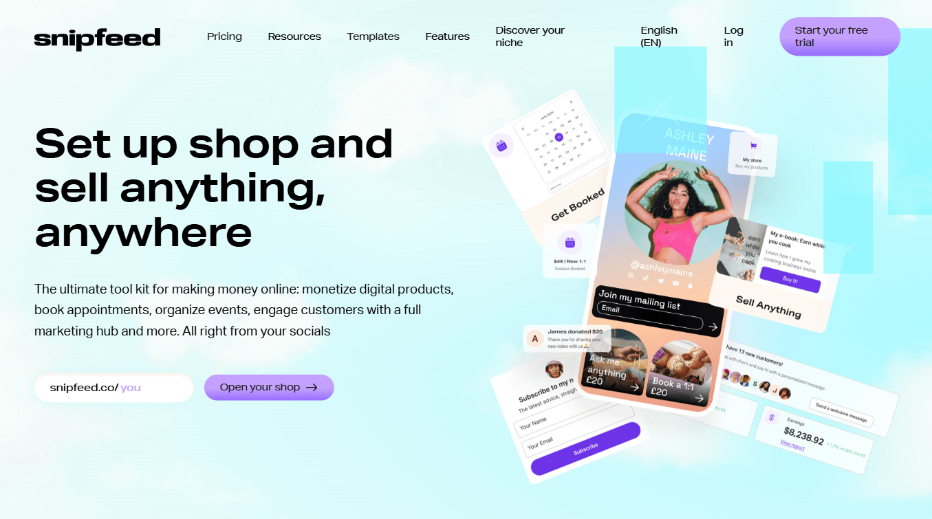 Homepage interface of the Snipfeed.co link in bio tool
