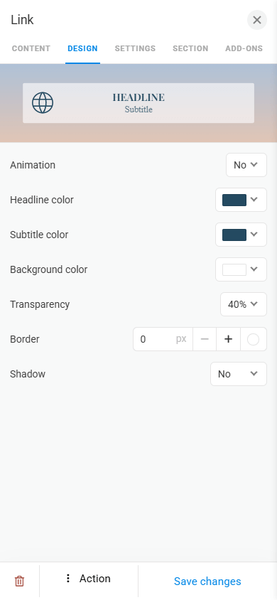 Link design settings available in the Taplink store builder