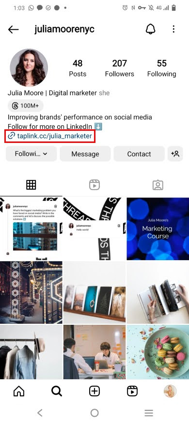 Tautan kartu nama yang disorot di bio Instagram