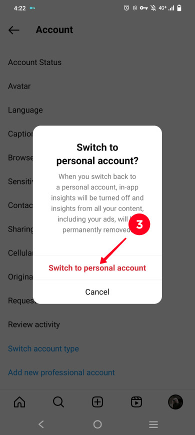 Confirming switching to Instagram personal account