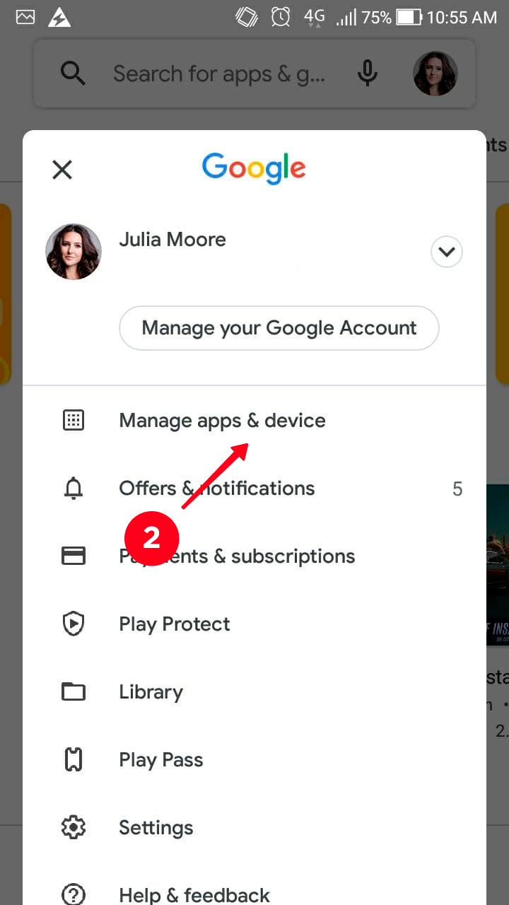 Choosing Manage apps & device in the account menu