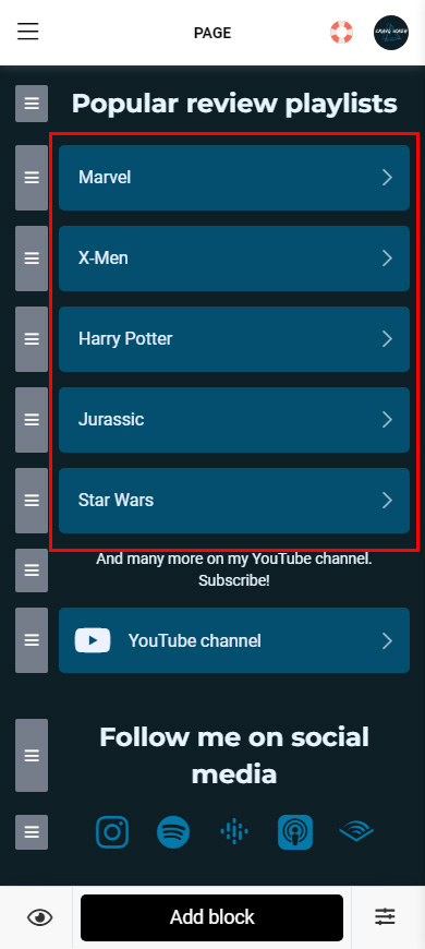 Highlighted YouTube playlist links in the Taplink editor