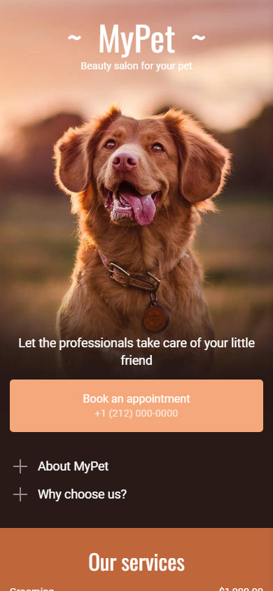 Modello di pagina Taplink per un salone di toelettatura per cani con una foto di un cane e un pulsante per chiamare