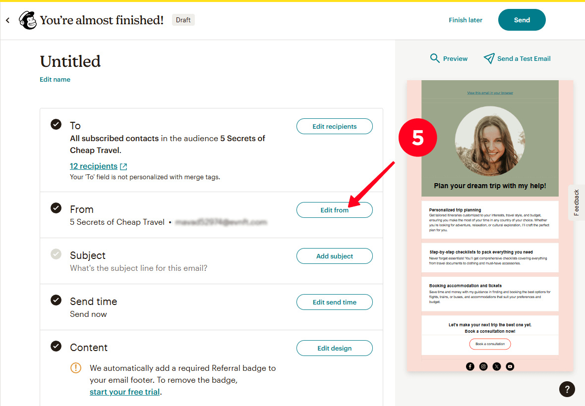 Clicking Edit form on the email sending settings page in Mailchimp