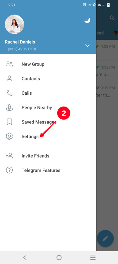 Choosing Settings on the list of Telegram menu options