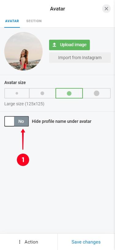 Activating the Hide profile name under avatar feature in the block settings