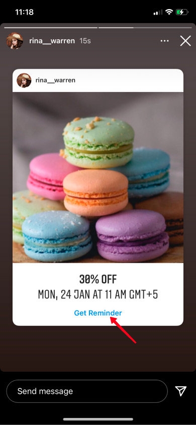 Highlighted Get Reminder button under a post in Instagram Stories
