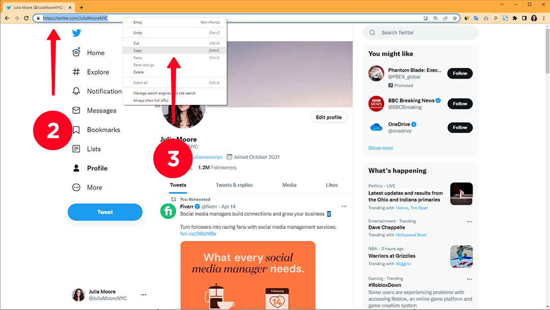 Copying a Twitter profile link in the desktop browser