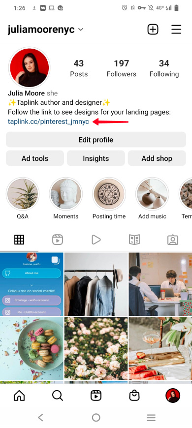 Highlighted Taplink page link in an Instagram bio