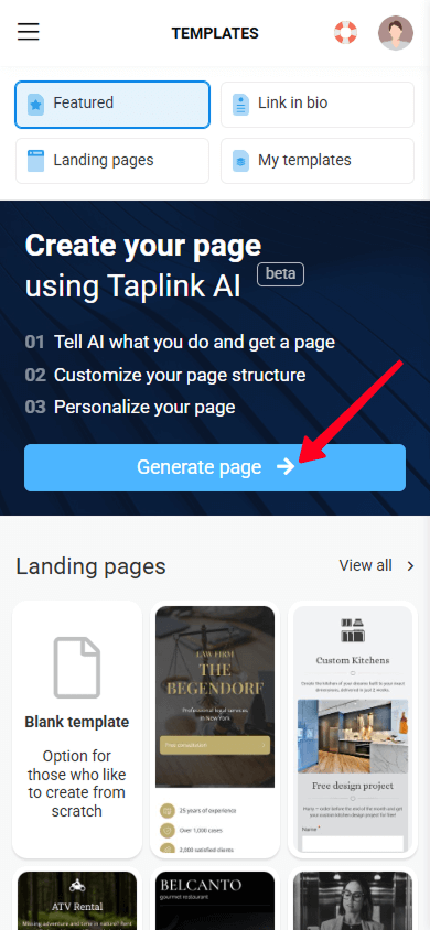 A Generate page button highlighted in the Taplink’s website template library