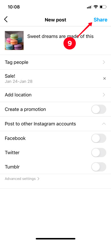 Sharing a new Instagram post with a reminder in the app